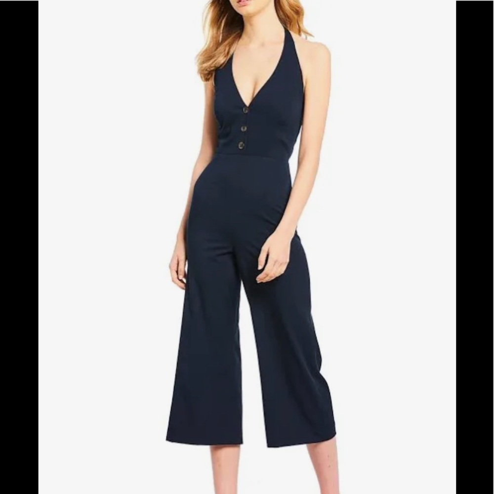 Gianni Bini Madison Halter Button Front Cropped Wide Leg Navy Blue Jumpsuit 4